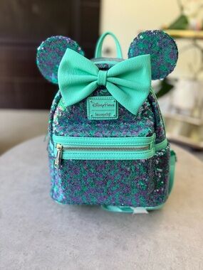 Loungefly Disney parks Teal & Purple Sequin Minnie Ear Mini Backpack NWT